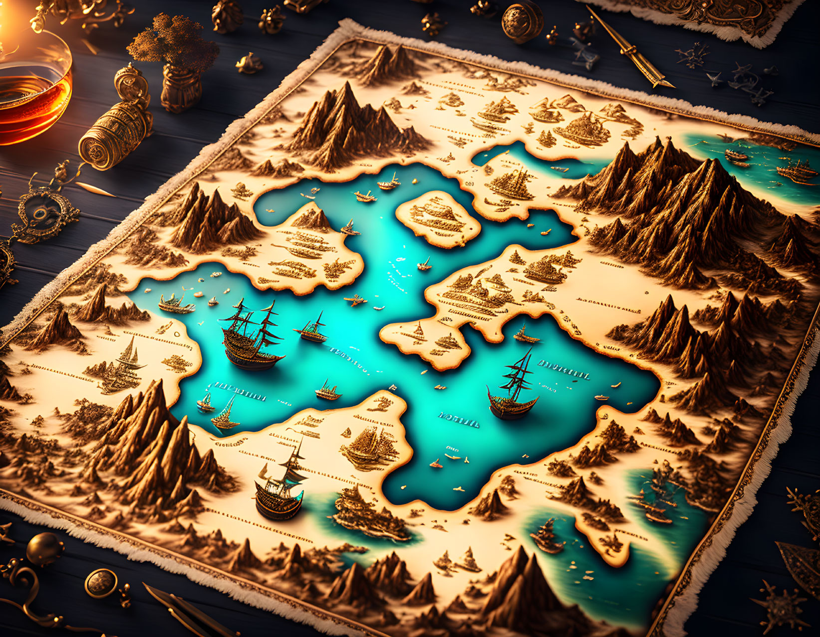 Detailed fictional treasure map with mountains, islands, ships, and compasses on dark wood surface