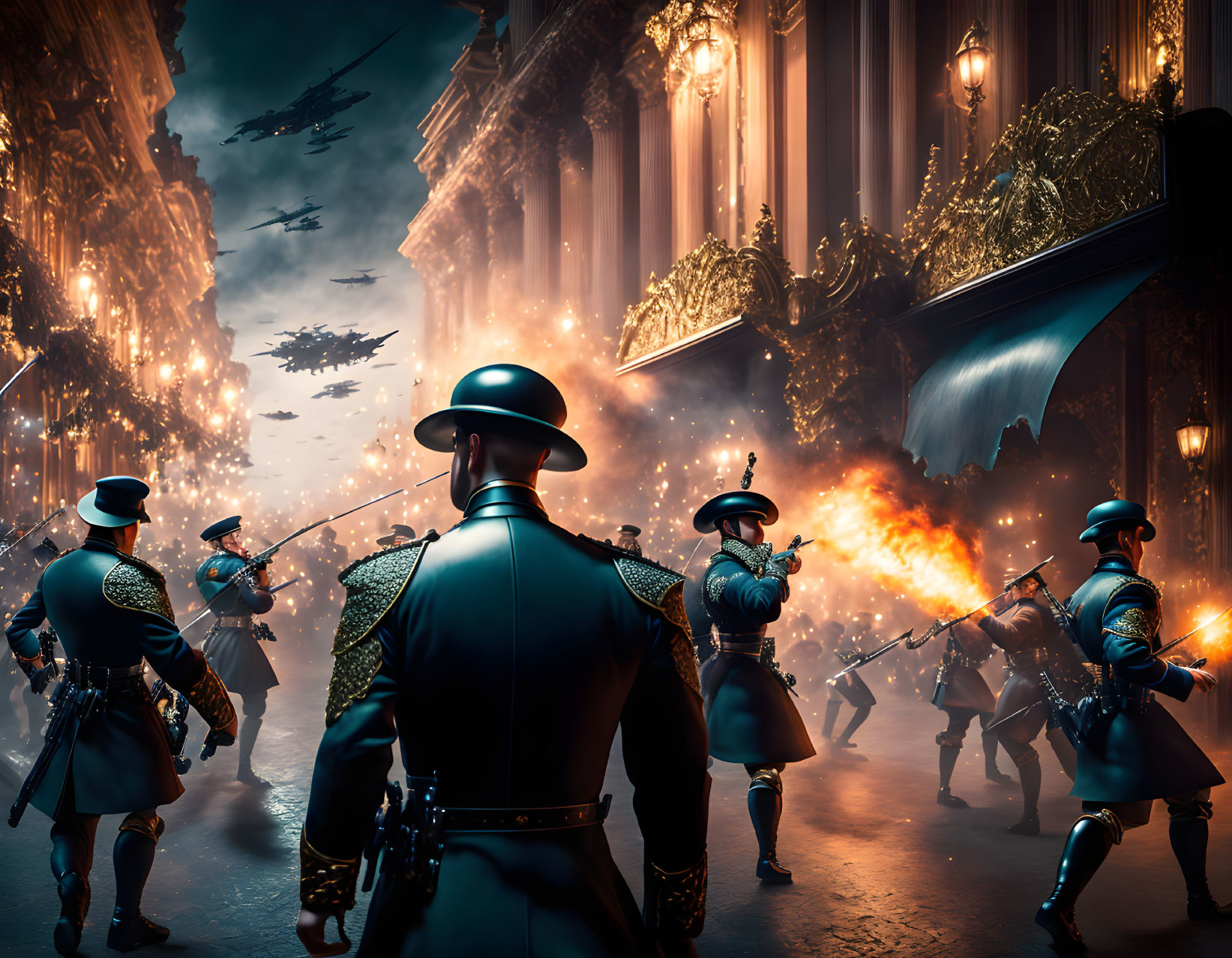 Futuristic soldiers battle in urban setting with flying ships and classical architecture.