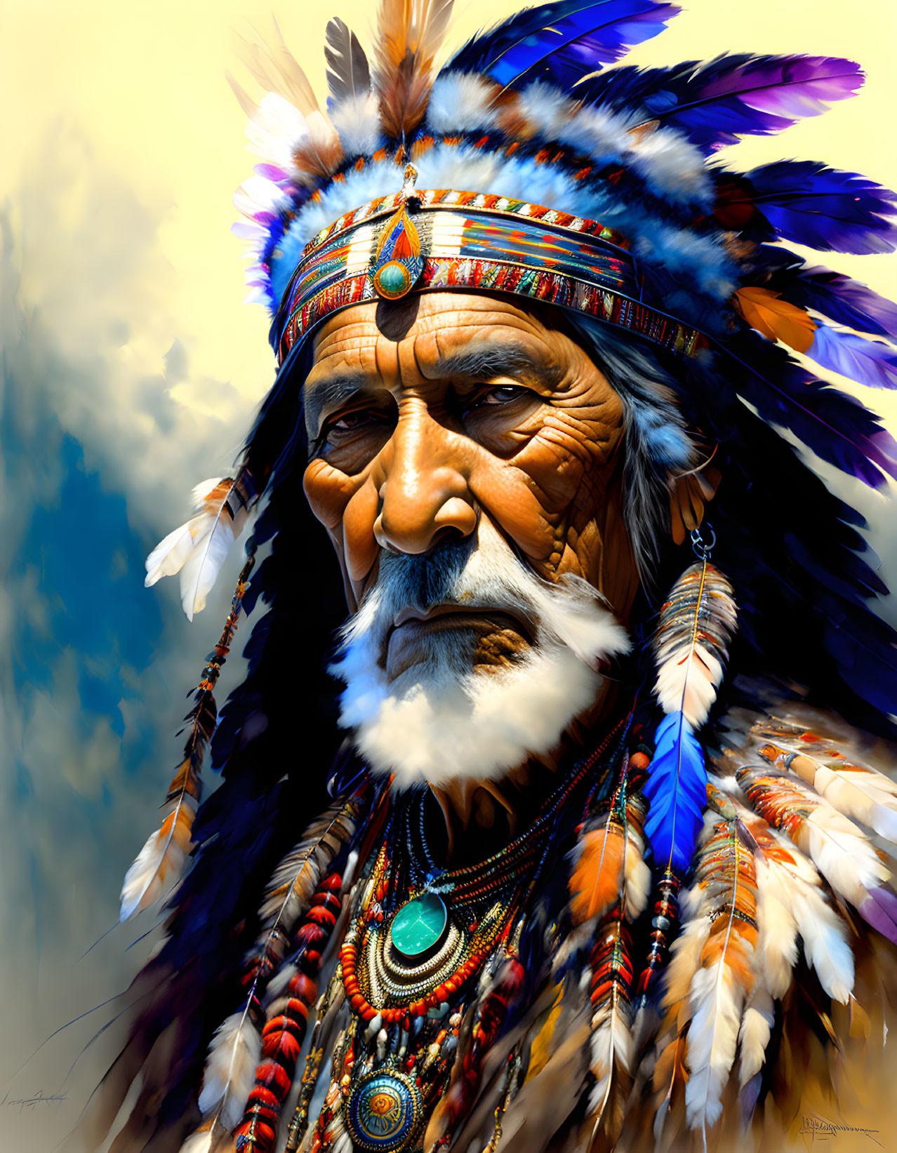 Native American elder in feathered headdress and turquoise jewelry against blue sky