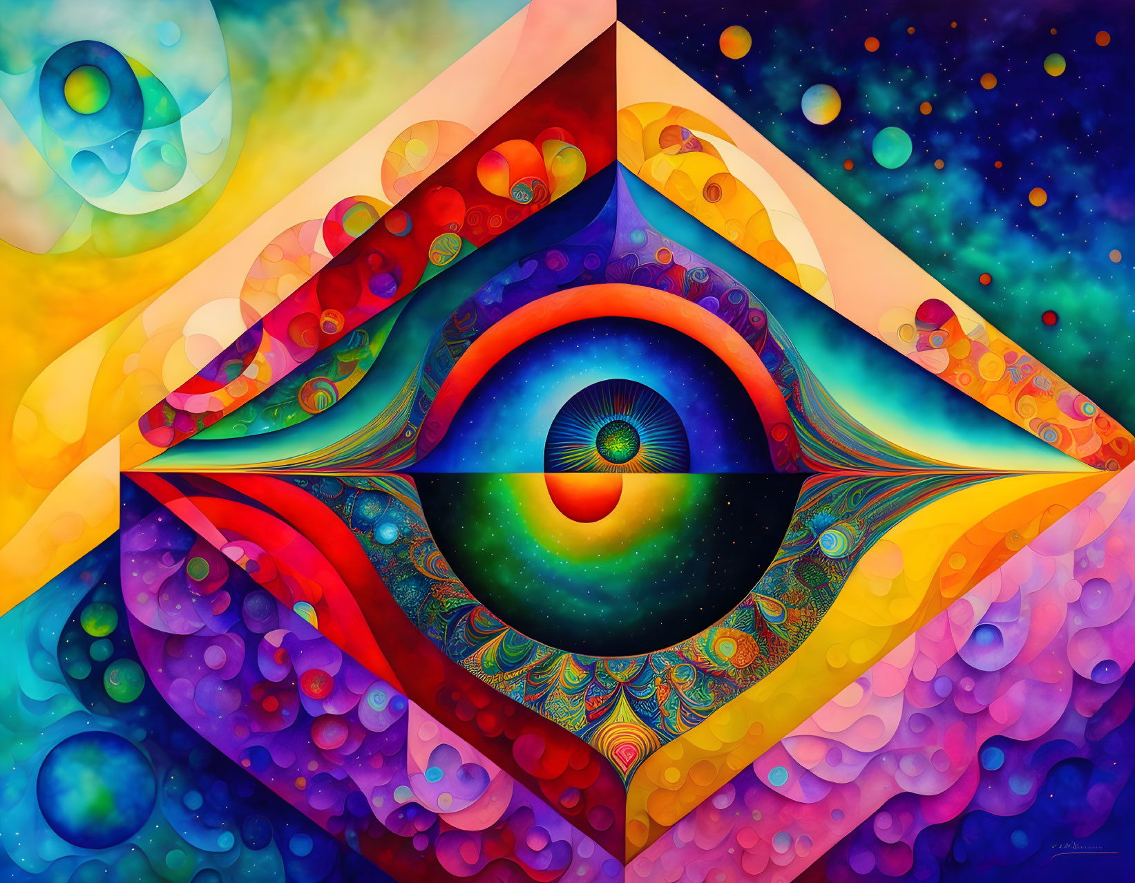 Colorful abstract eye illustration with cosmic and geometric patterns