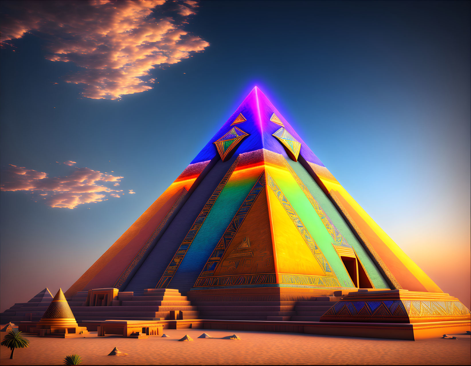 Futuristic neon-lit pyramid in desert twilight landscape