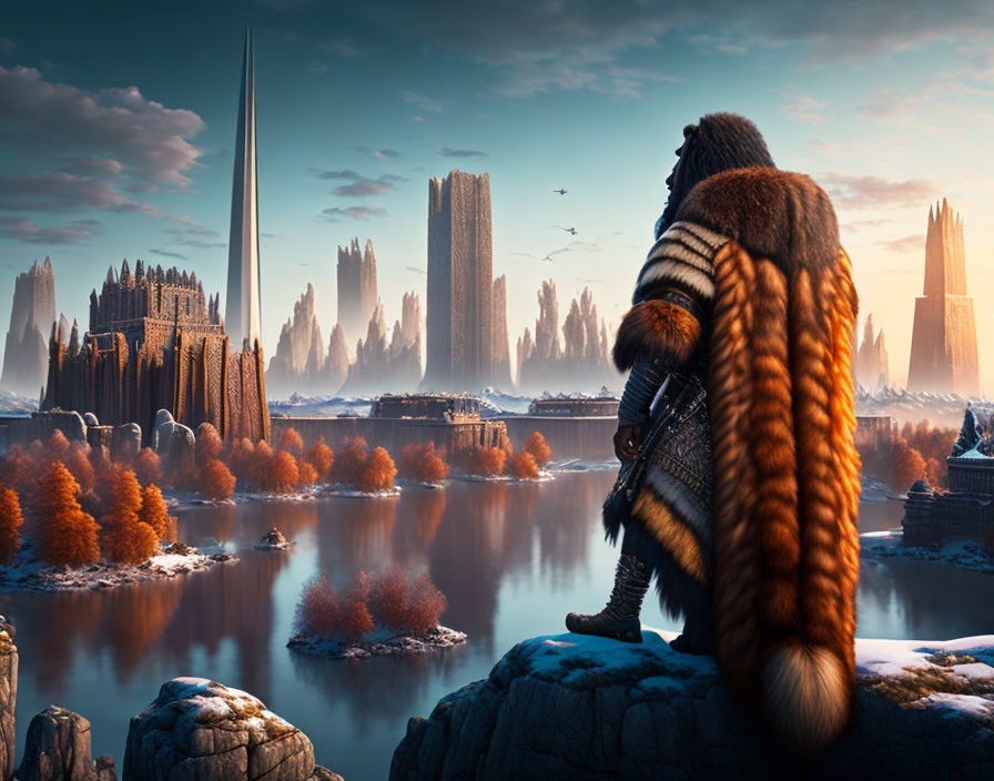 Person in fur attire gazes at fantasy landscape with towering spires, river, autumn trees, twilight