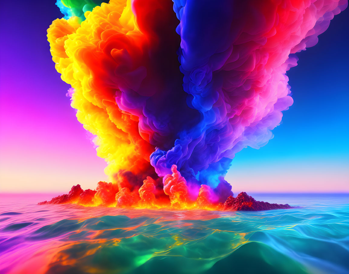 Colorful Rainbow Smoke Rising from Island in Tranquil Sea