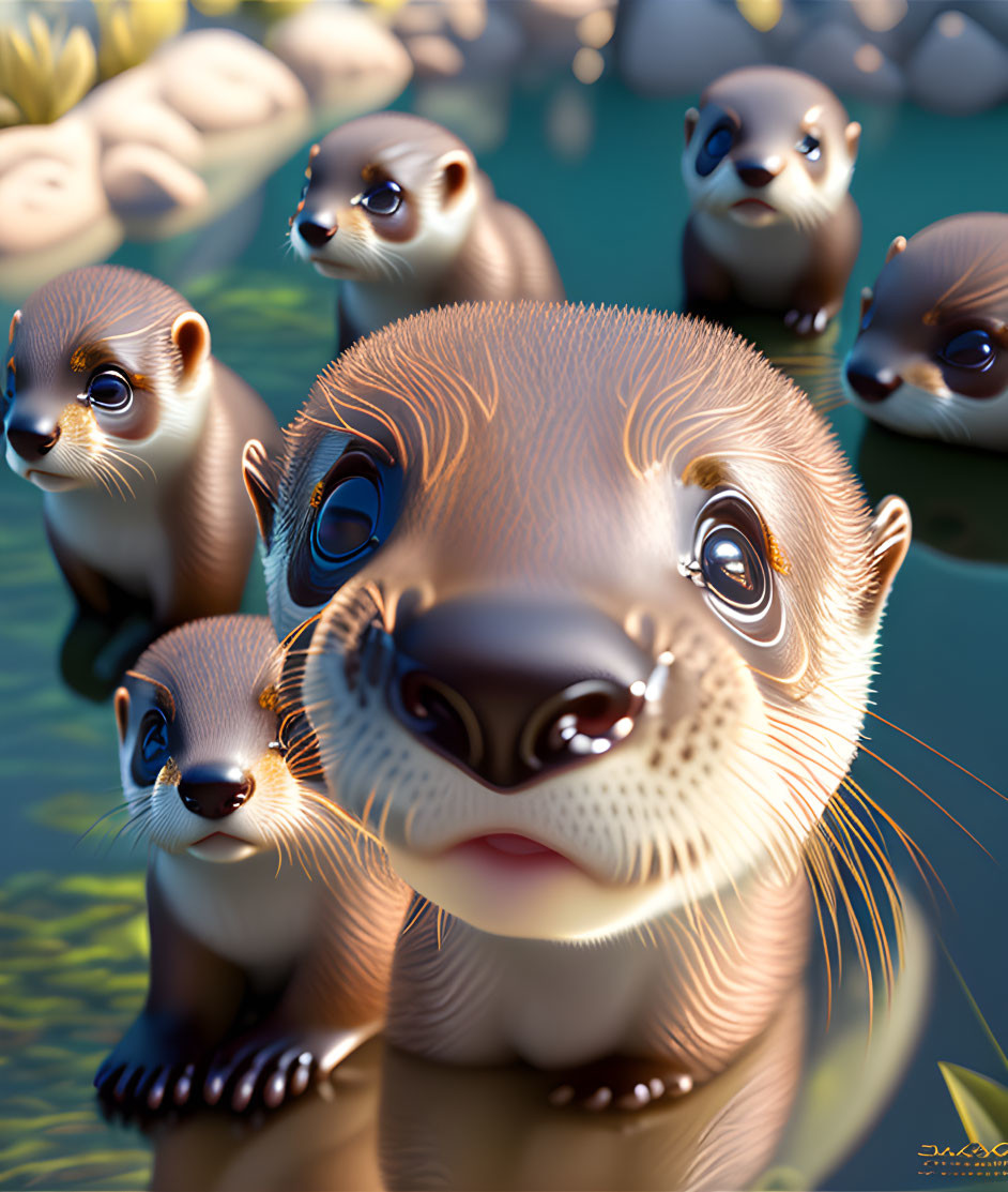 Group of animated otters with expressive eyes in water with stones