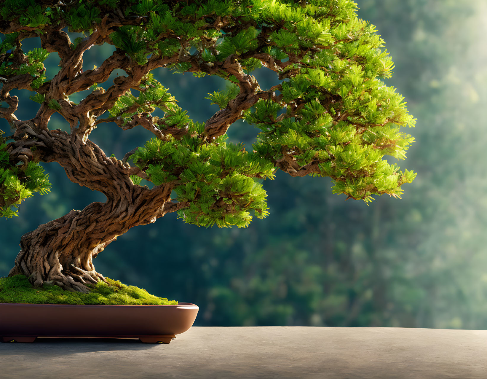 Lush green foliage on sculpted bonsai tree with twisted trunk