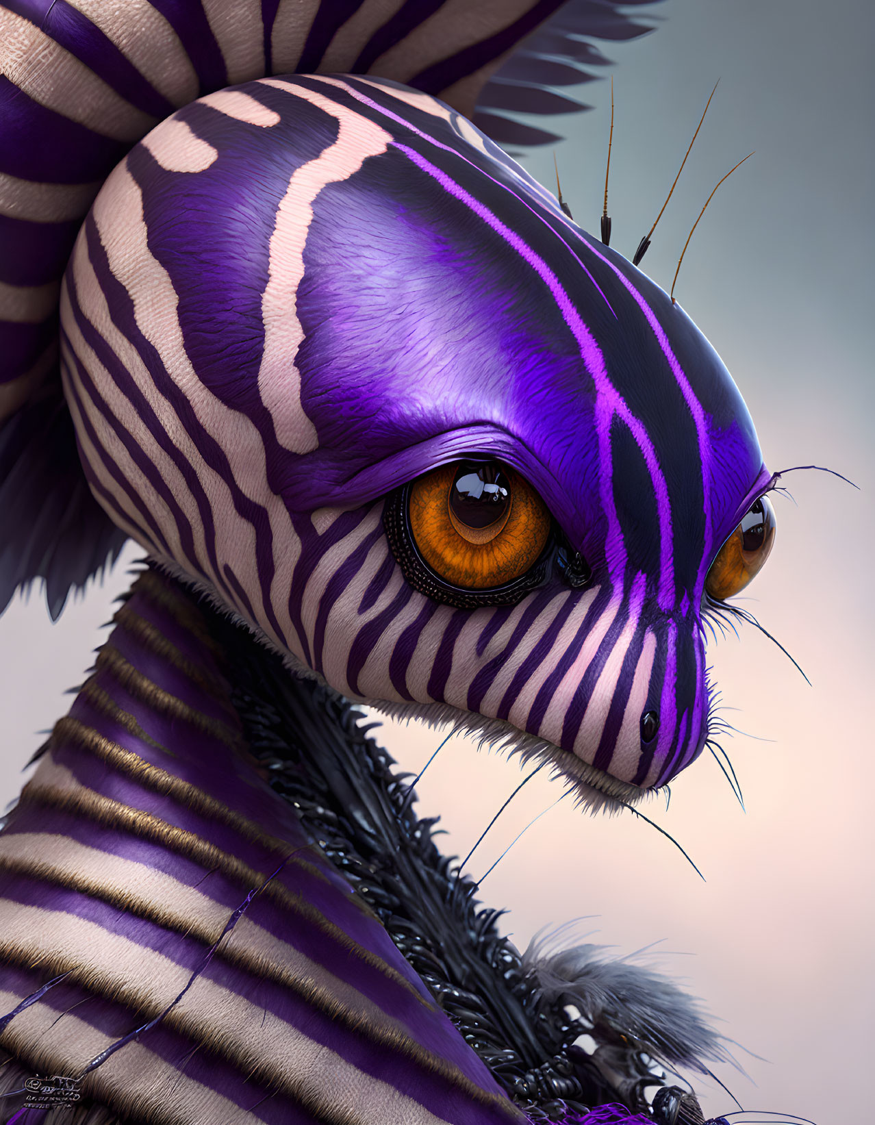 Detailed Digital Art: Fantastical Creature with Zebra Stripes, Purple Tones, Orange Eyes