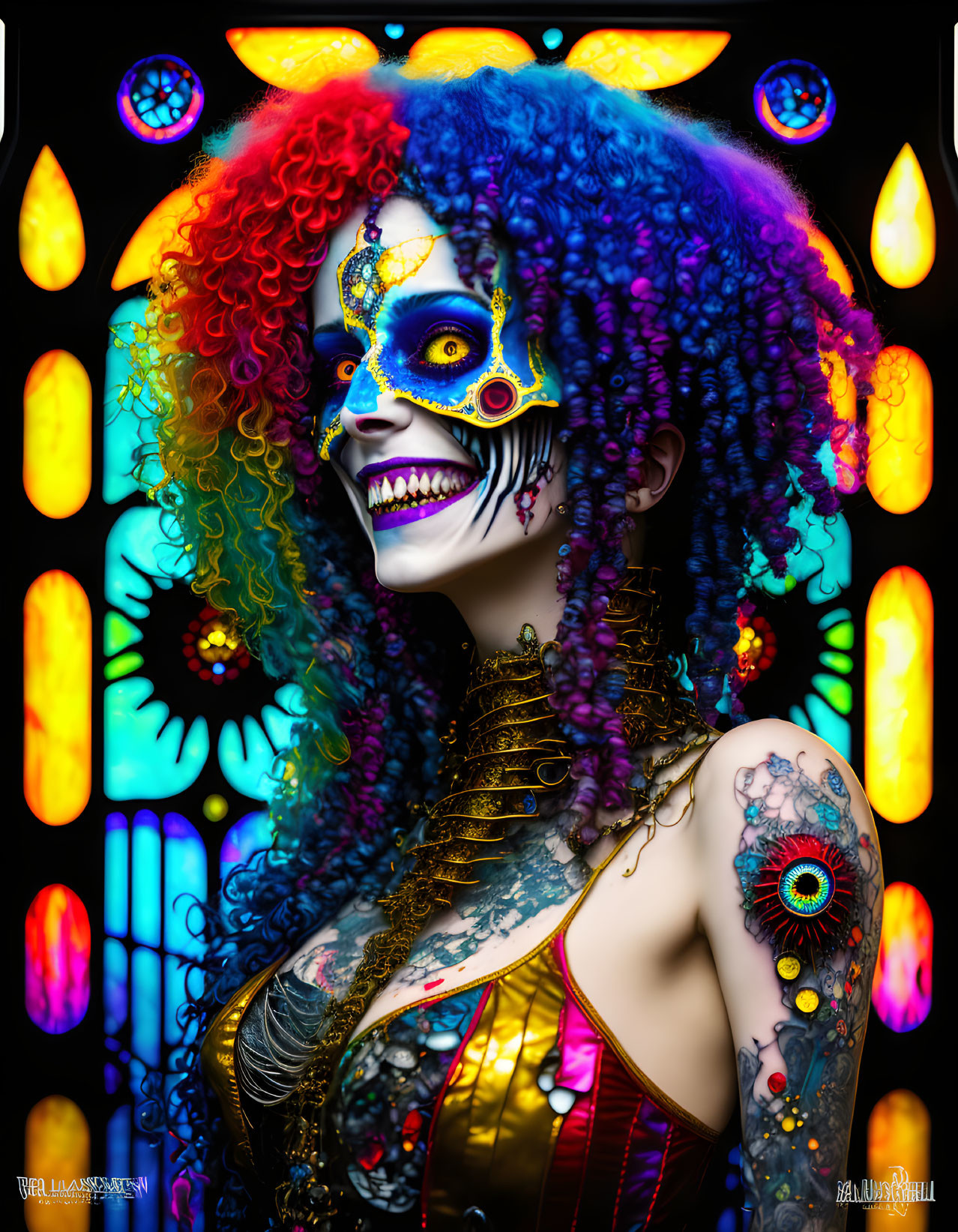 Colorful woman with skull face paint and tattoos in gothic attire against stained-glass backdrop