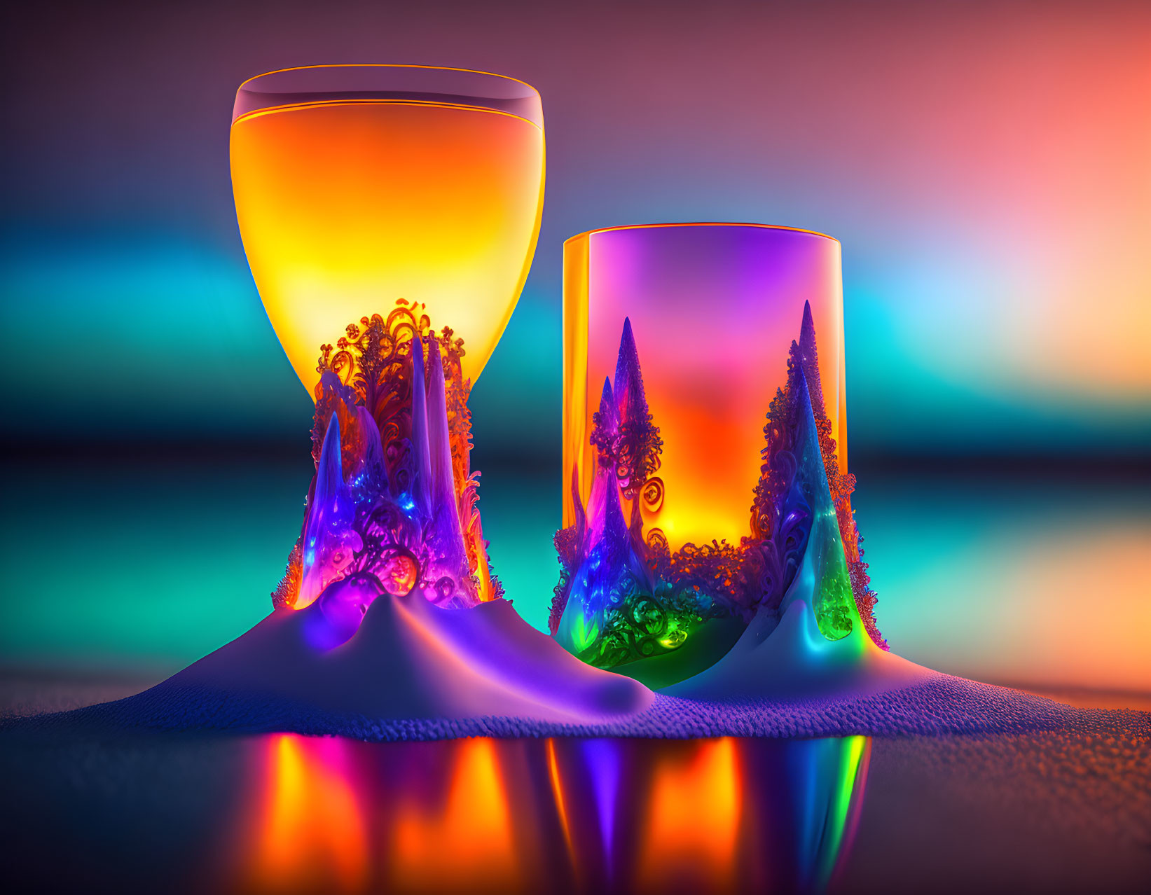 Colorful landscape scenes inside artistic glasses against neon-lit background