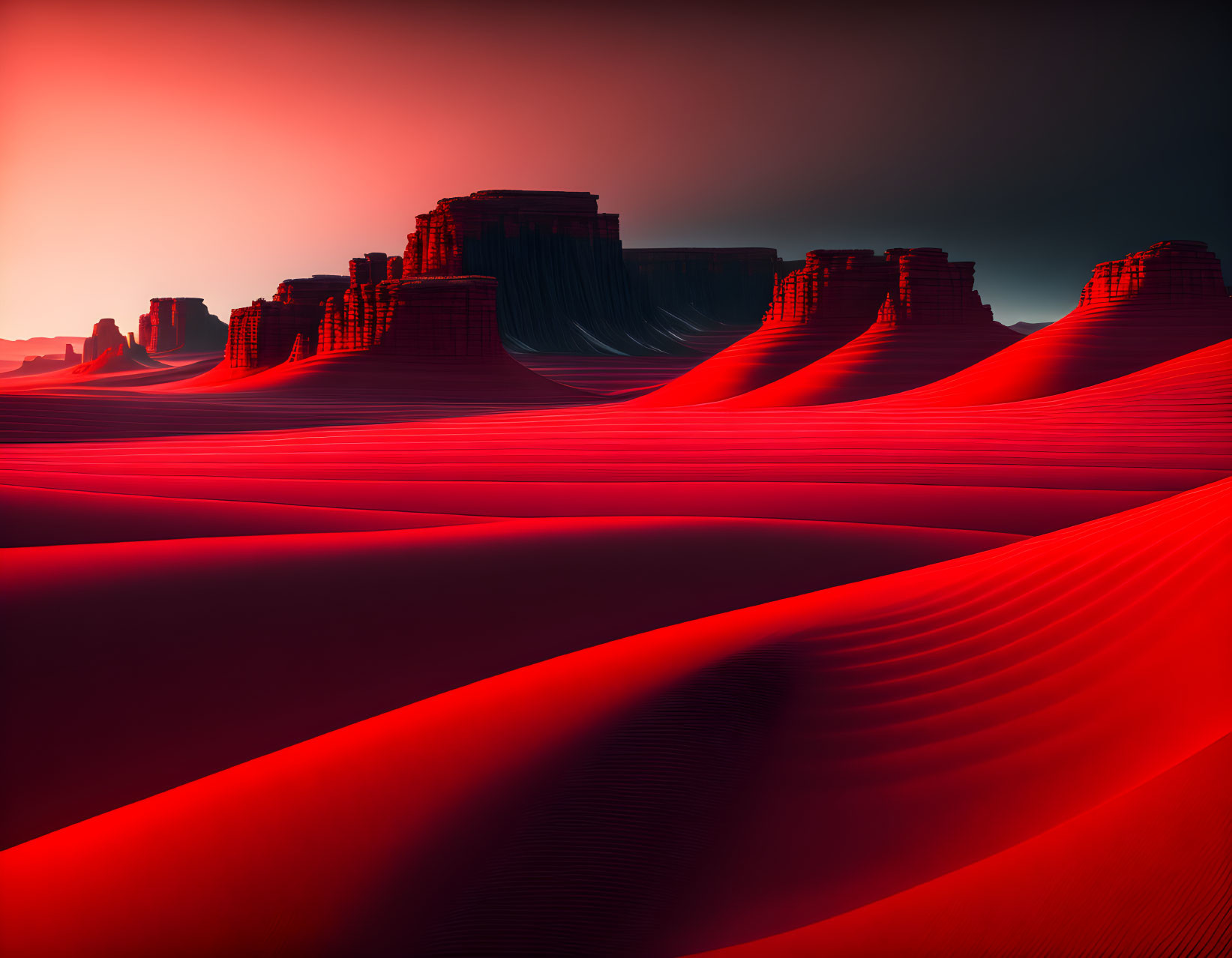 Surreal landscape with towering mesas and rippled sand dunes under a red gradient sky