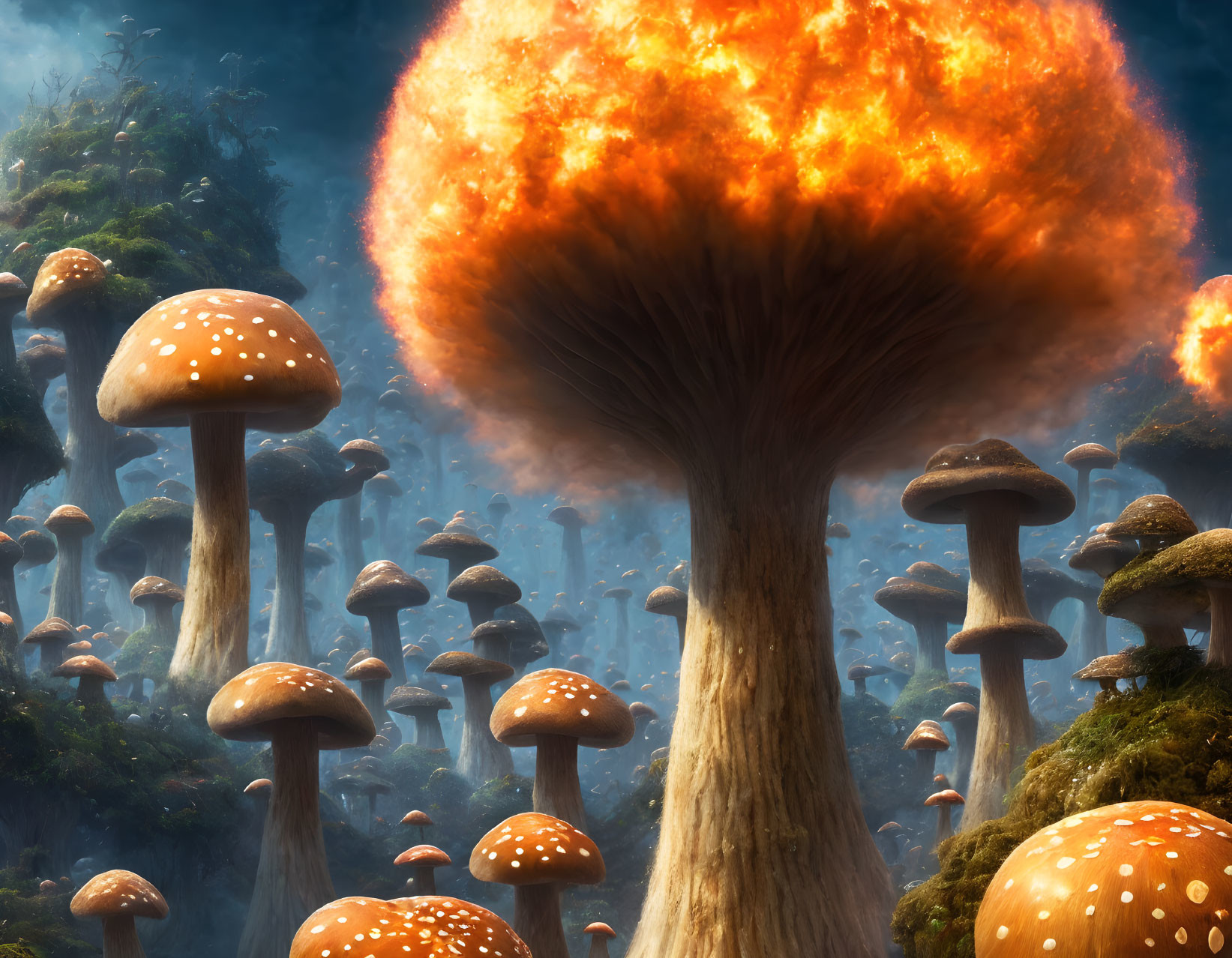 Fantastical forest with oversized mushrooms and fiery explosion under hazy blue sky