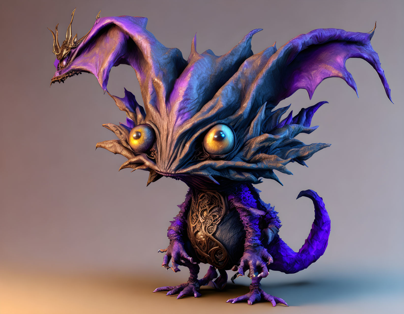 Fantastical creature with large eyes, purple scales, wings, and intricate body patterns