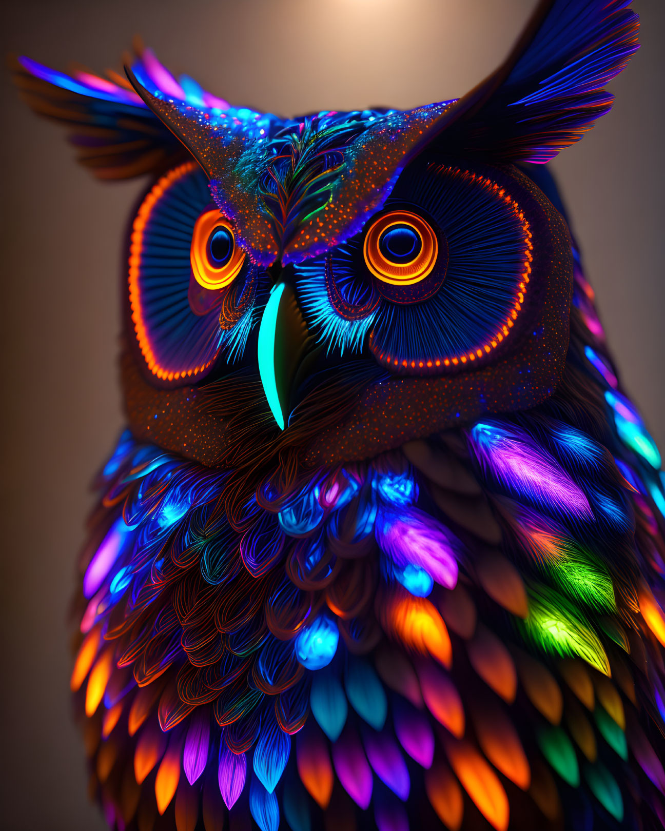 Colorful neon owl art with large orange eyes & mystical vibe