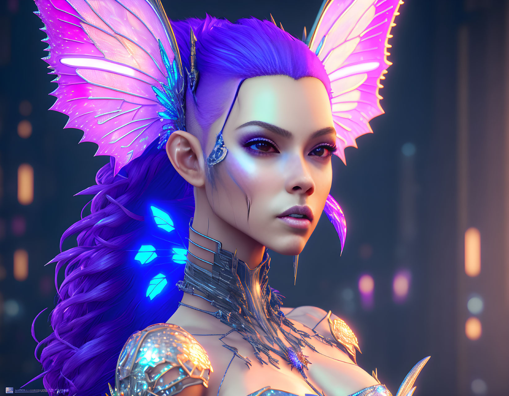 Digital artwork: Female figure with purple hair, blue butterfly wings, silver armor, cityscape backdrop