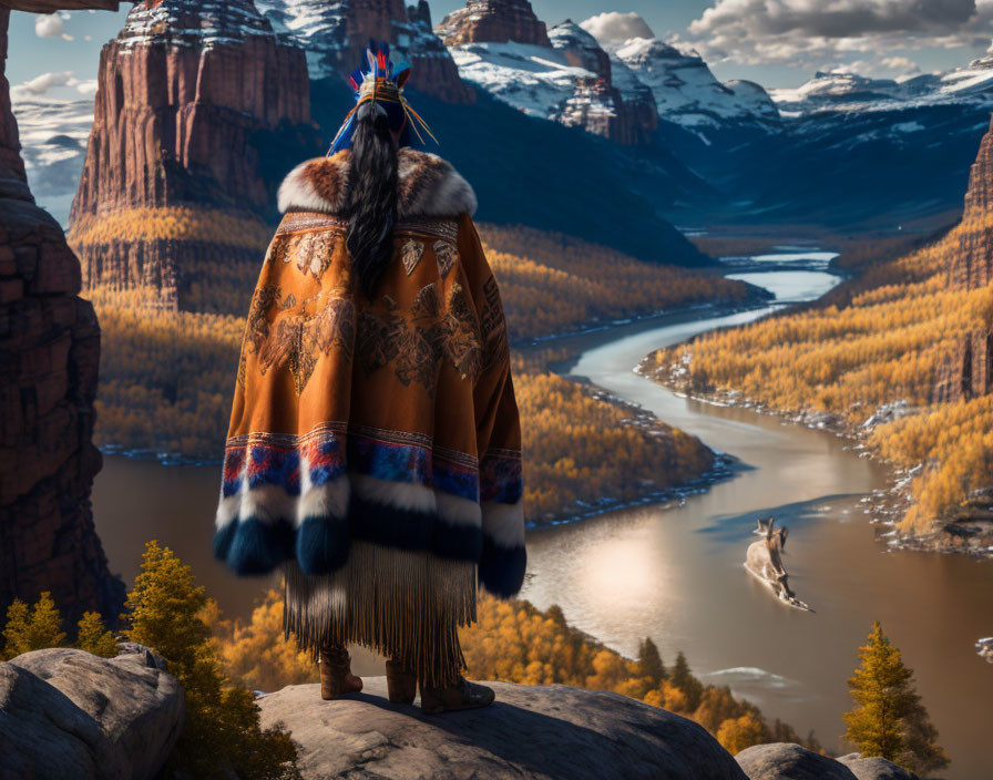 Indigenous person in traditional attire overlooking river valley and mountains