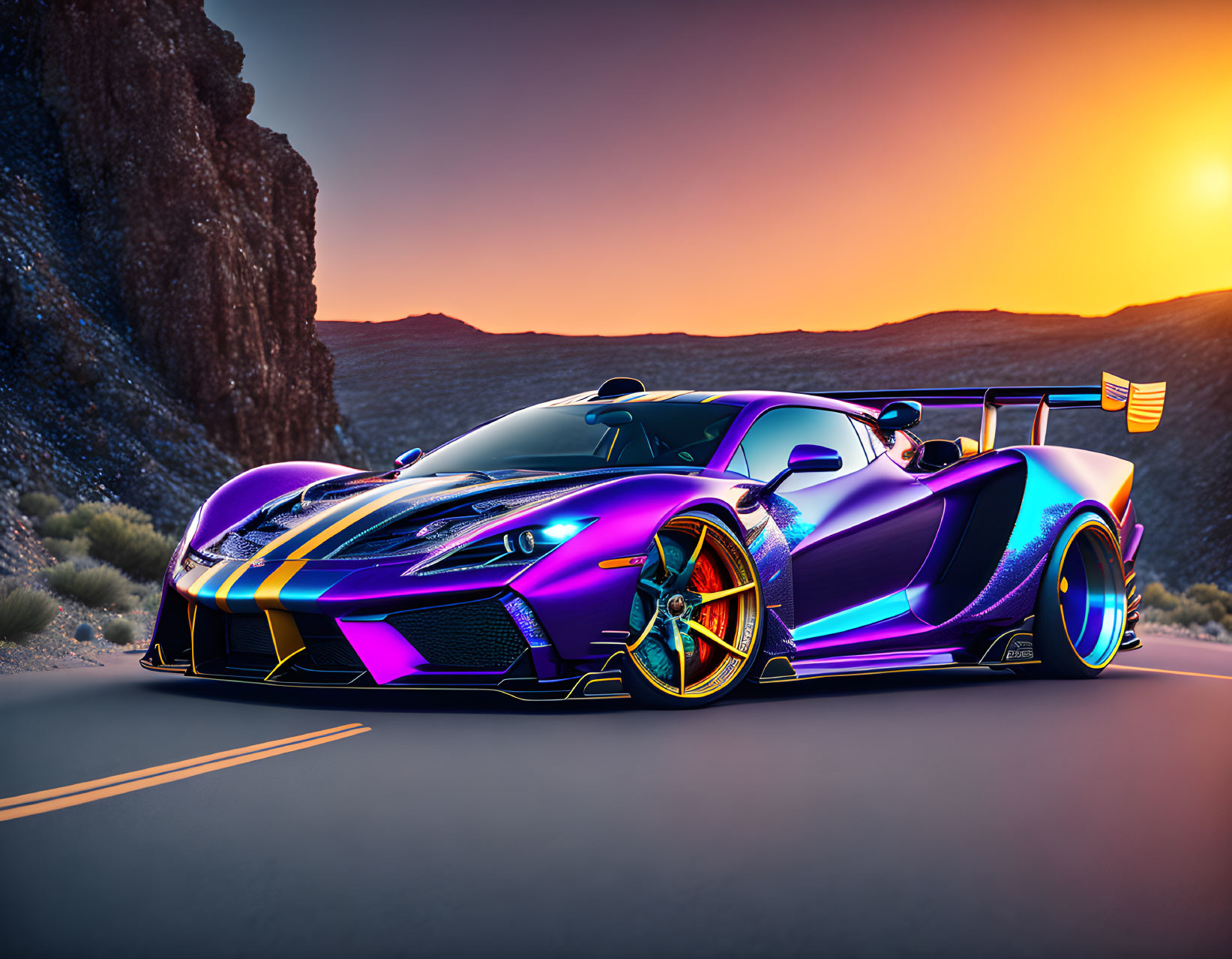 Vibrant purple sports car with yellow and blue accents on desert road at sunset