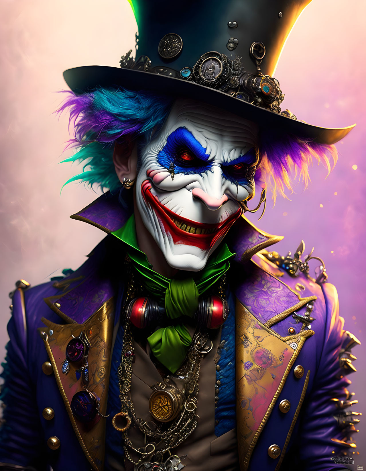 Colorful portrait of joker with exaggerated makeup and top hat.