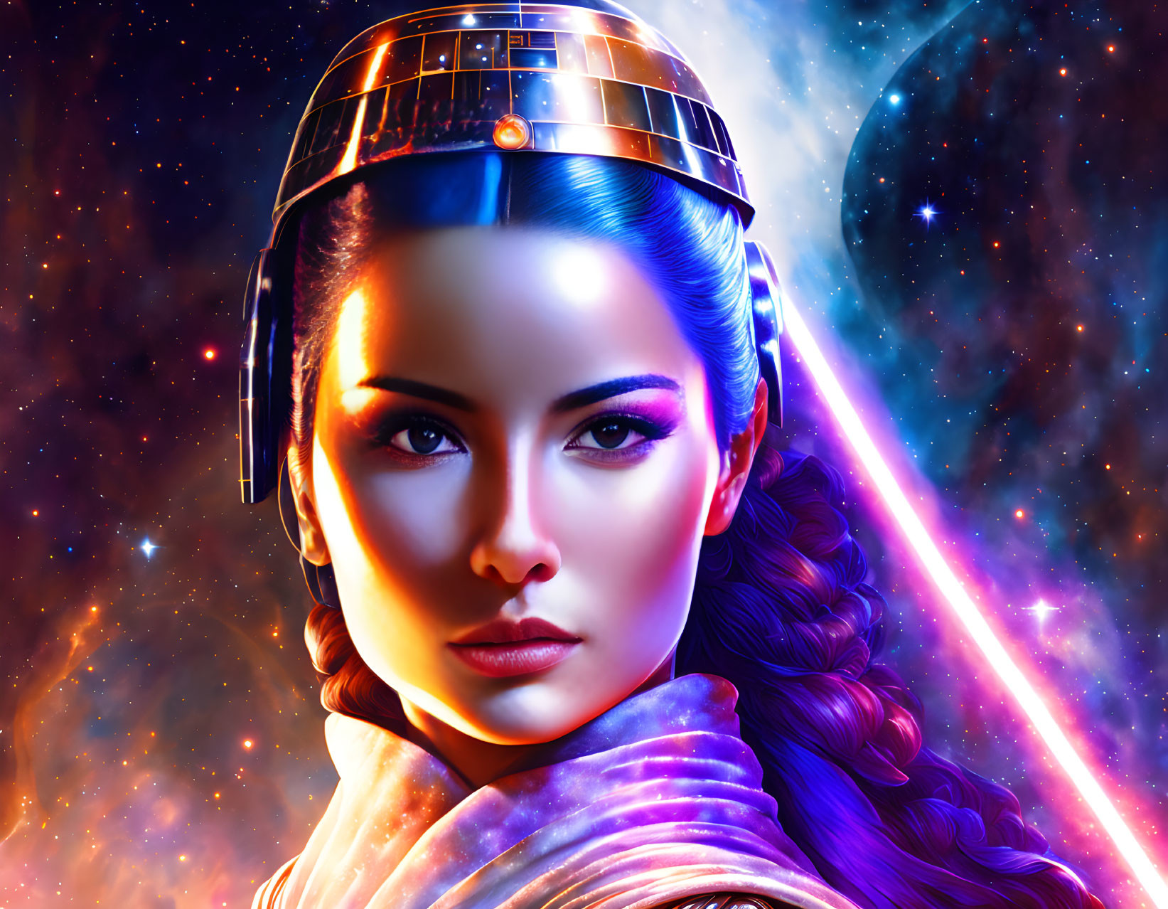 Futuristic digital artwork of woman with braided hair in cosmic setting