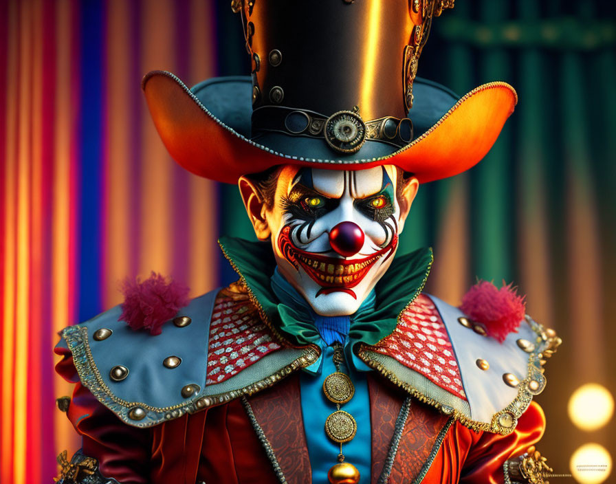 Colorful clown with large top hat and ornate costume against striped background
