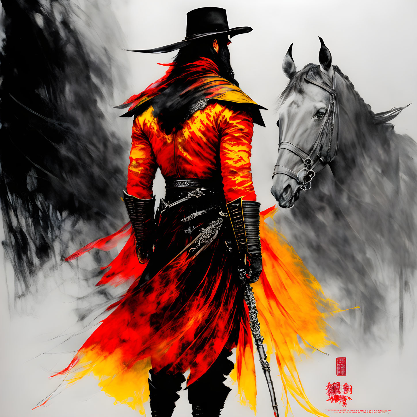 Mysterious figure with sword and horse in fiery red and black outfit