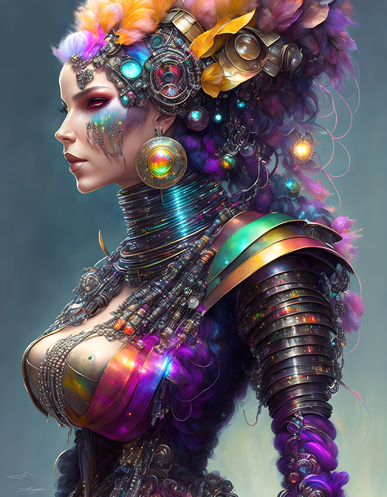 Portrait of woman with cybernetic enhancements and colorful makeup blending futuristic and fantasy themes