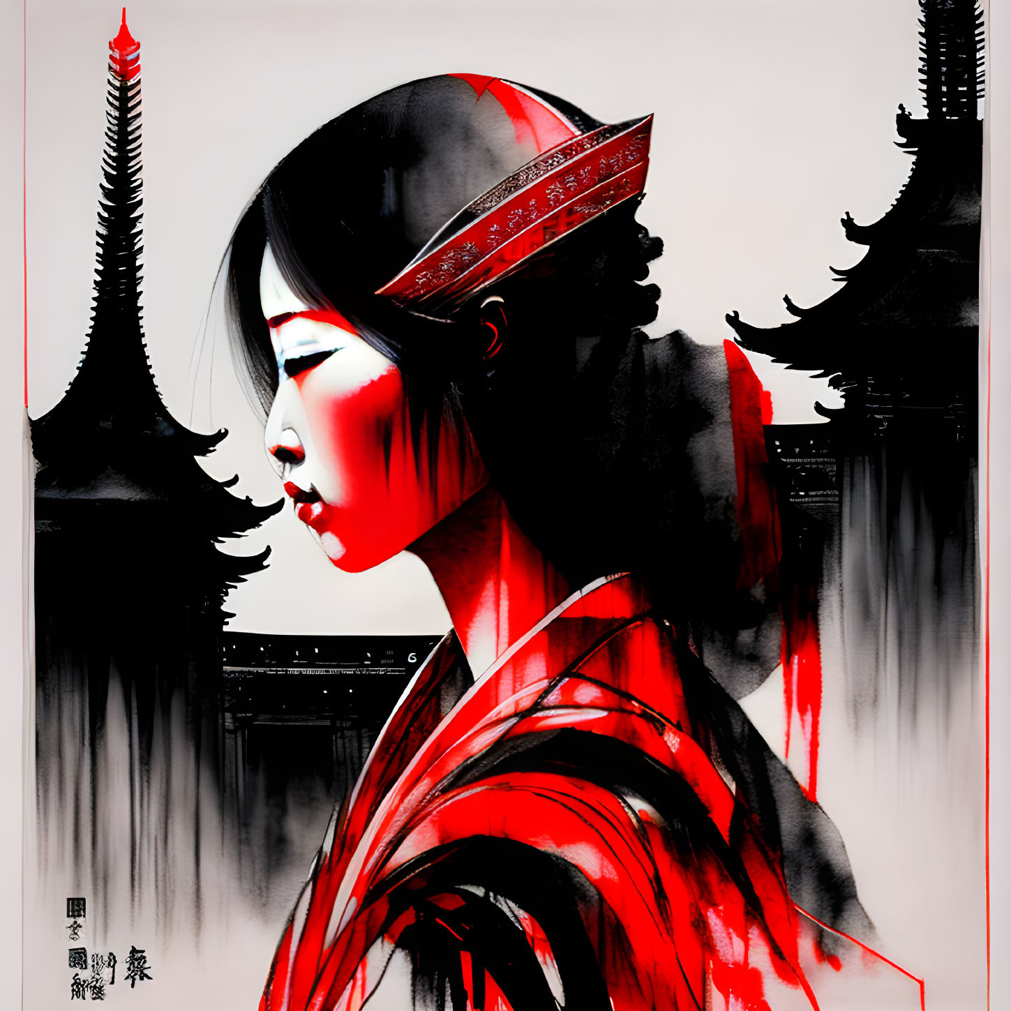 Profile of Woman in Red Japanese Attire Against Temple Backdrop