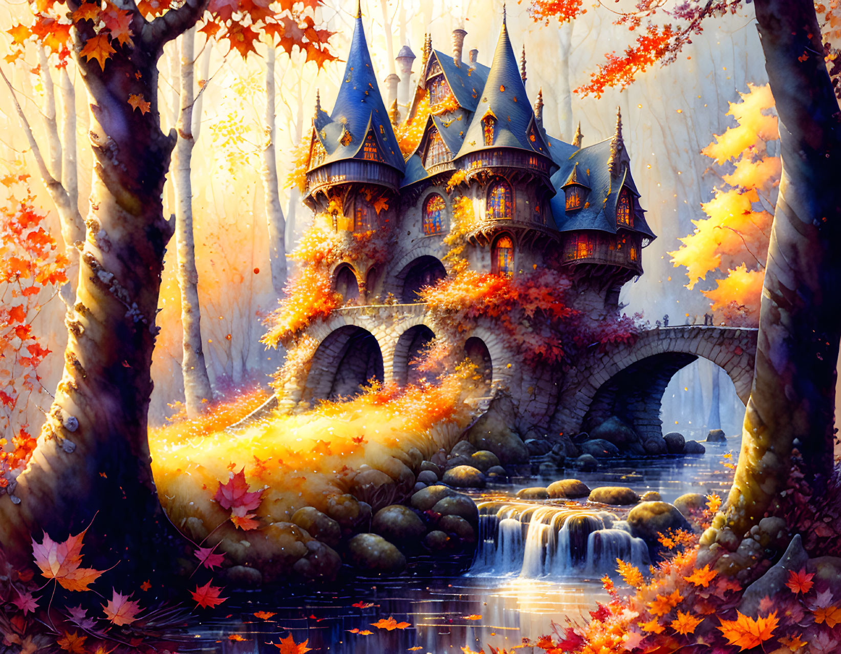 Autumn castle with stone bridge and colorful foliage