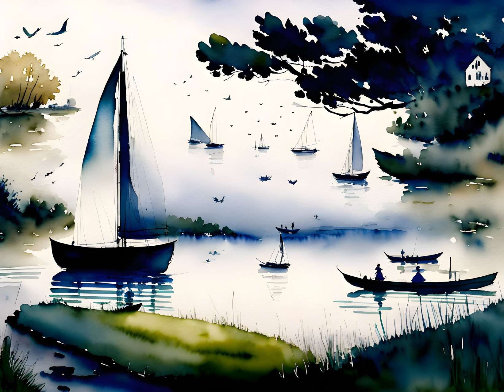 Tranquil watercolor scene of sailboats, fisherman, birds, house in lush greenery