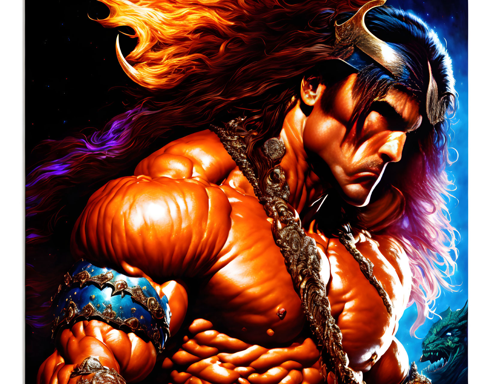 Muscular character with fiery hair in vibrant illustration