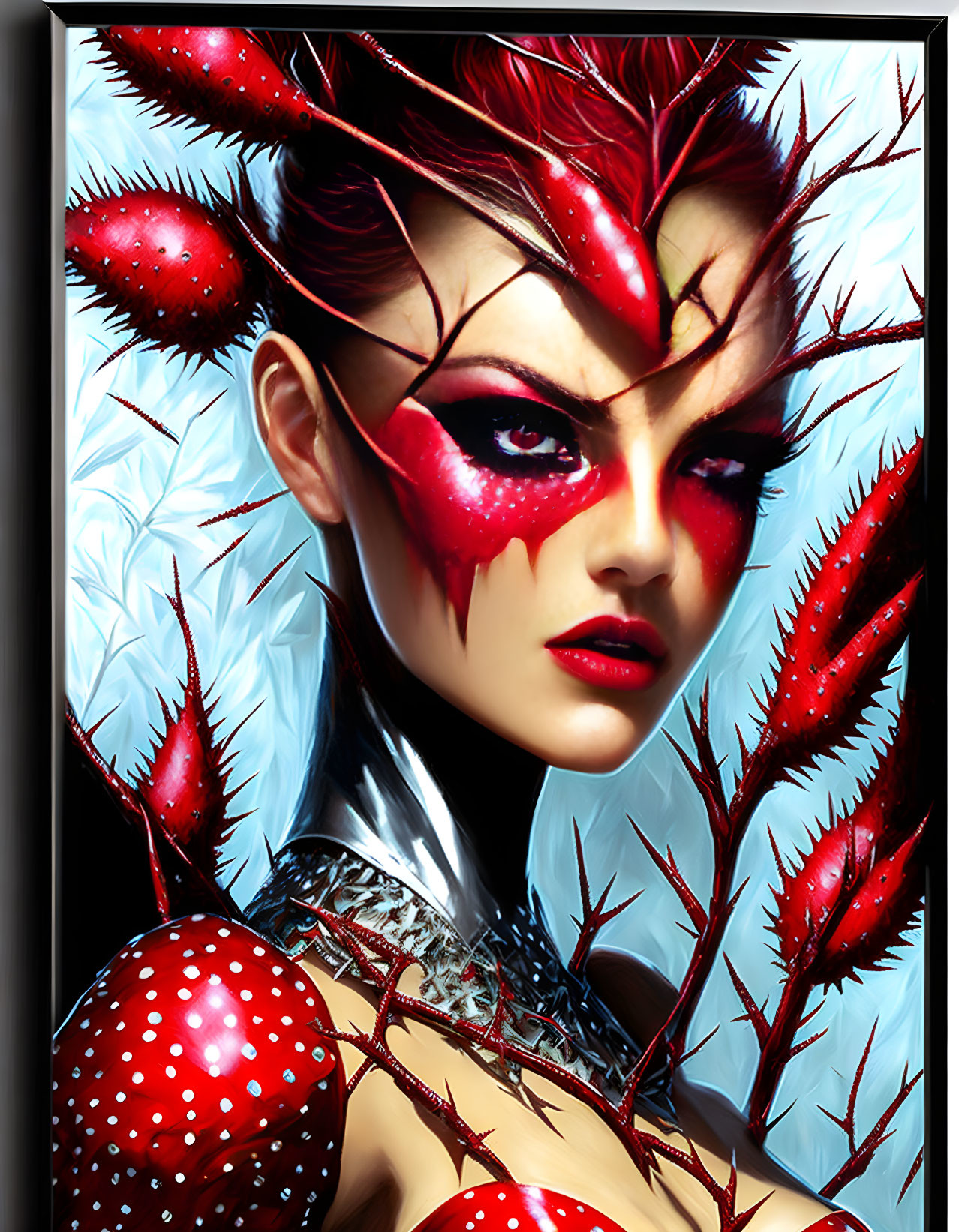 Stylized portrait of woman with red and white spiky headpiece and silver armor