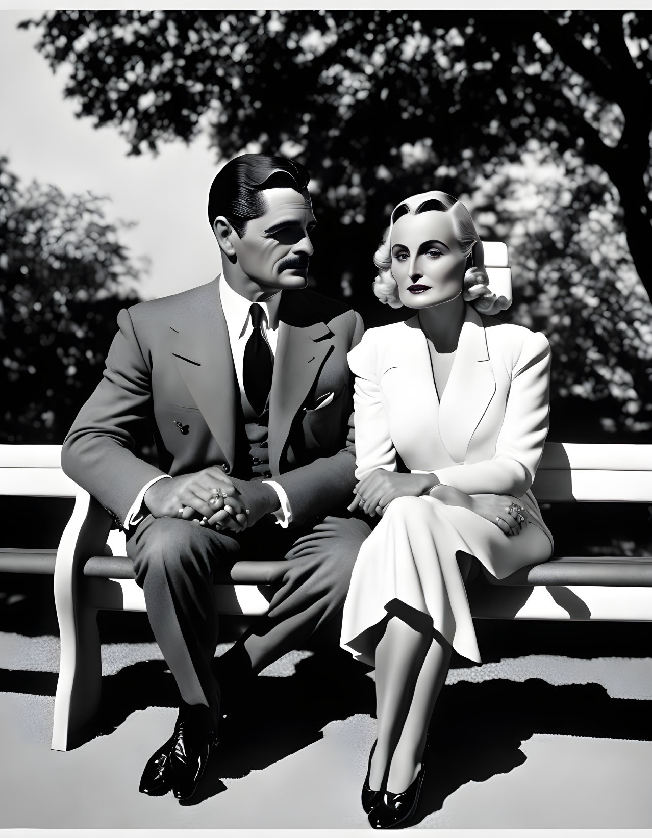 Vintage-styled man and woman holding hands on bench with leafy tree backdrop