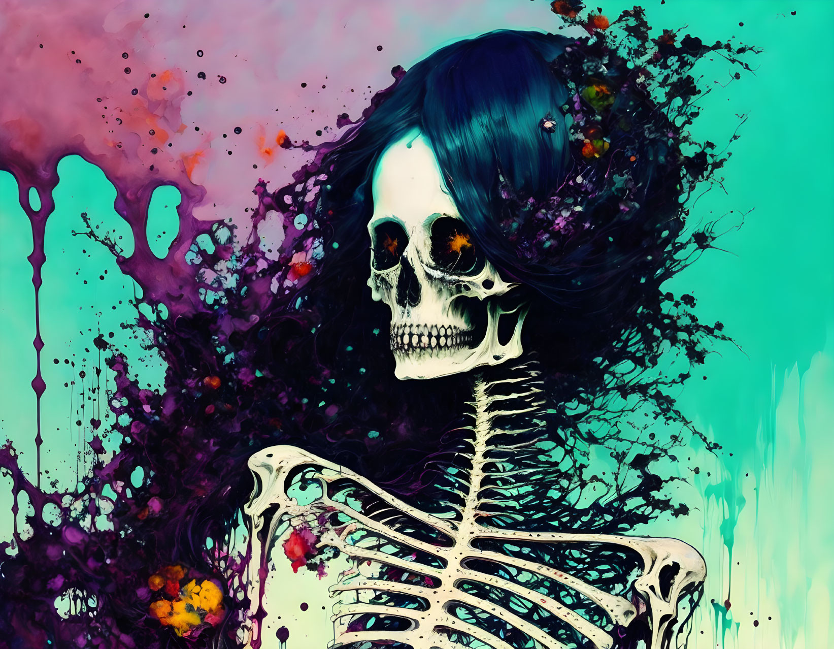 Colorful Skeleton Artwork with Dark Hair on Teal Background