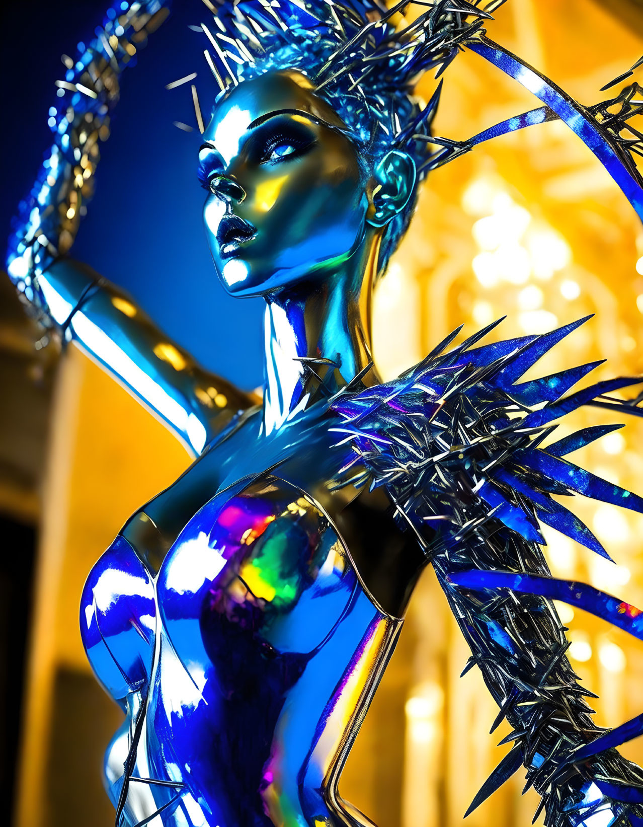 Reflective metallic mannequin with spiky shoulders on golden backdrop