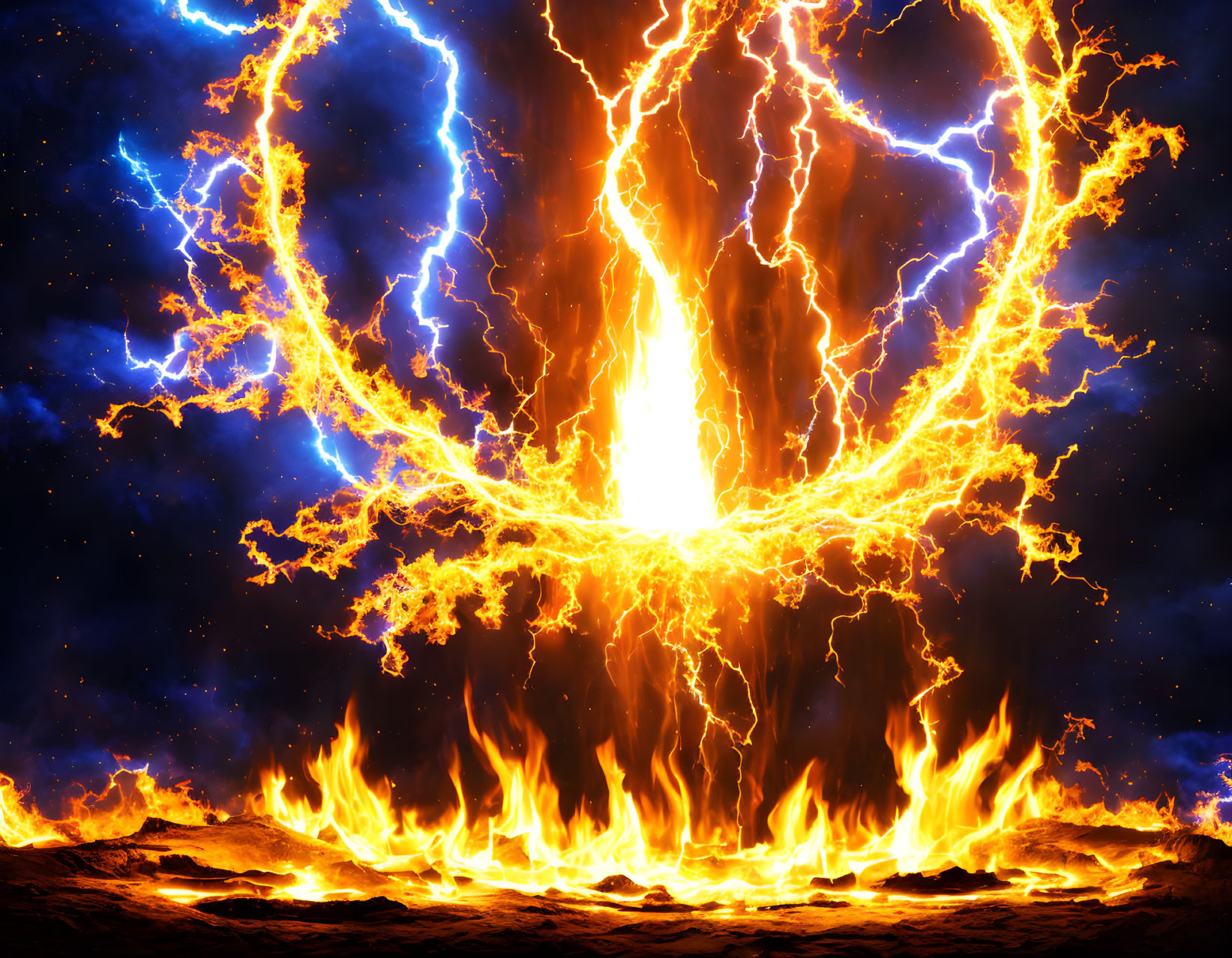 Fiery explosion digital artwork with swirling flames & blue energy arcs