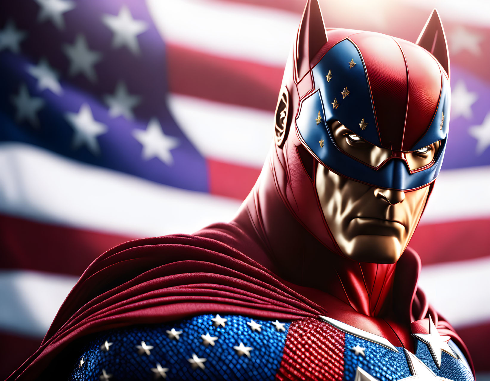 Stylized Captain America image with iconic helmet and flag motif