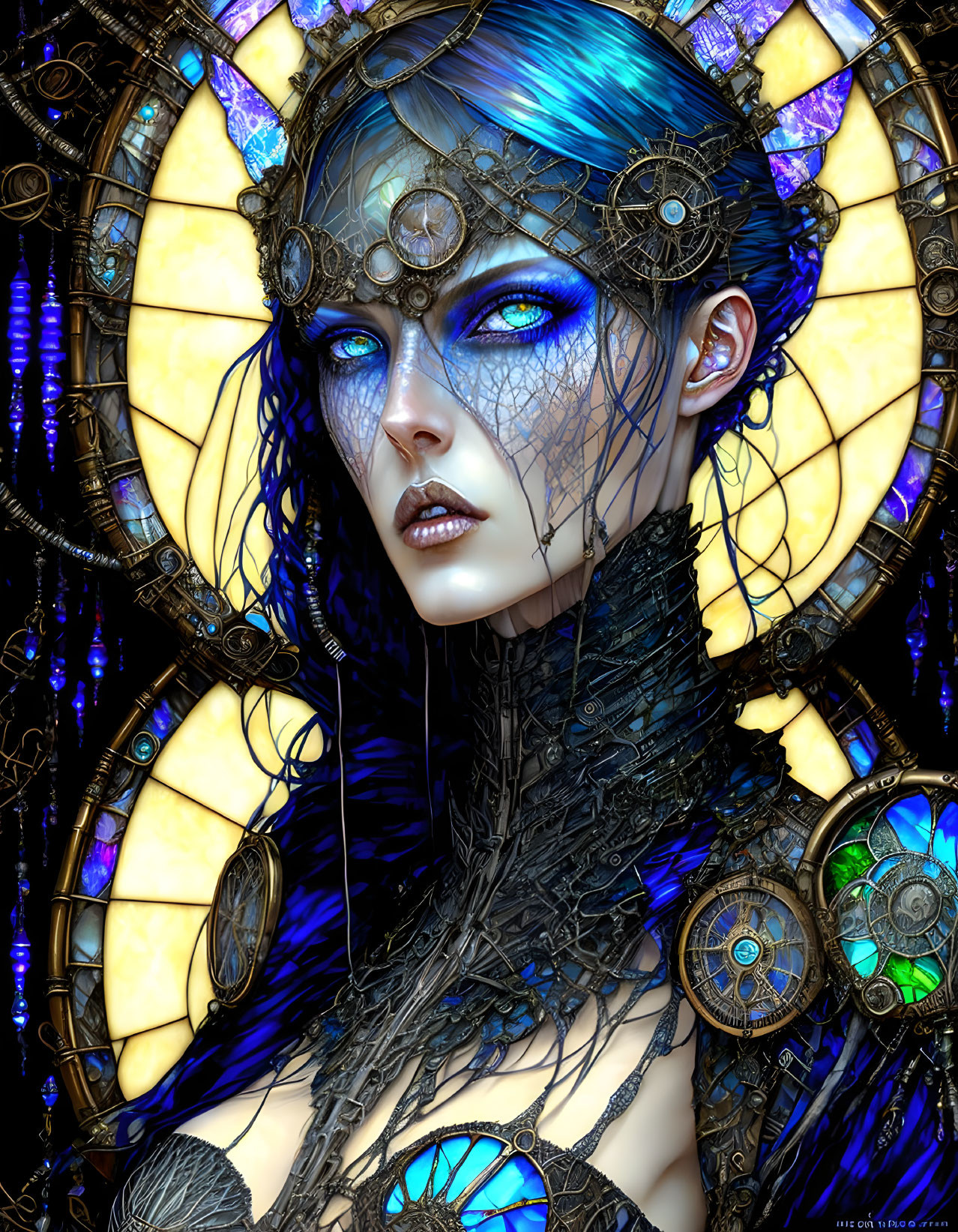 Blue-skinned woman with mechanical details on stained glass background