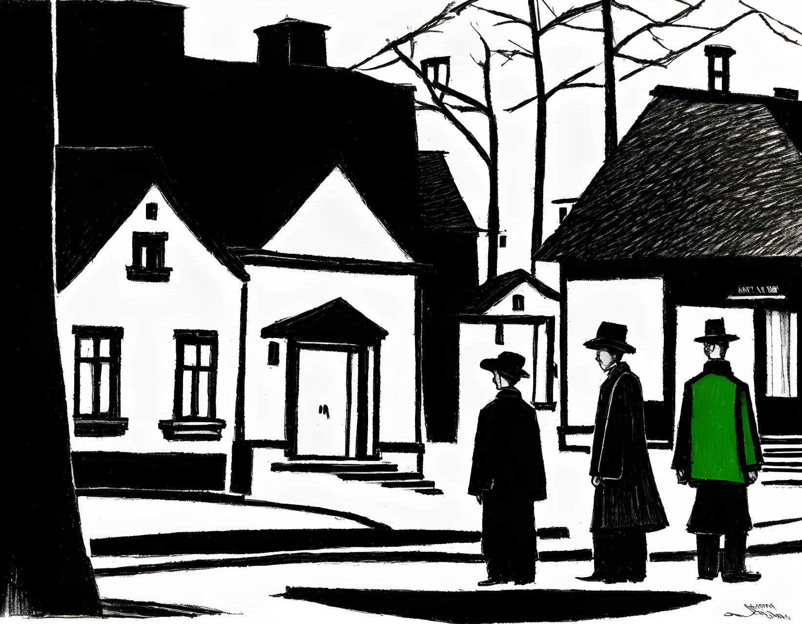 Monochrome illustration of two people in hats and coats on village street