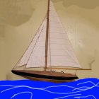 Sailboat illustration with white sails on blue sea and sky