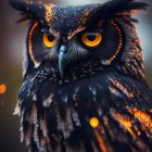 Colorful neon owl art with large orange eyes & mystical vibe