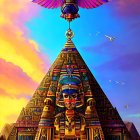 Colorful Egyptian-themed illustration: Bird above pyramid at sunset