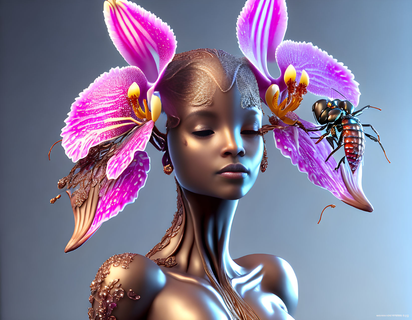 Digital artwork of serene woman with orchid adornments and metallic skin, insects included