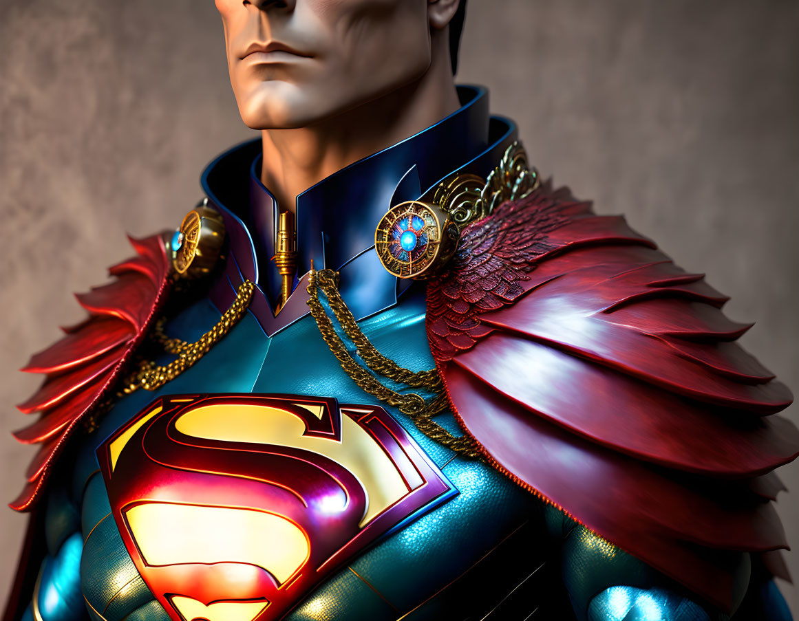 Detailed Superman costume with red cape, metallic blue suit, and gold-accented shoulder armor