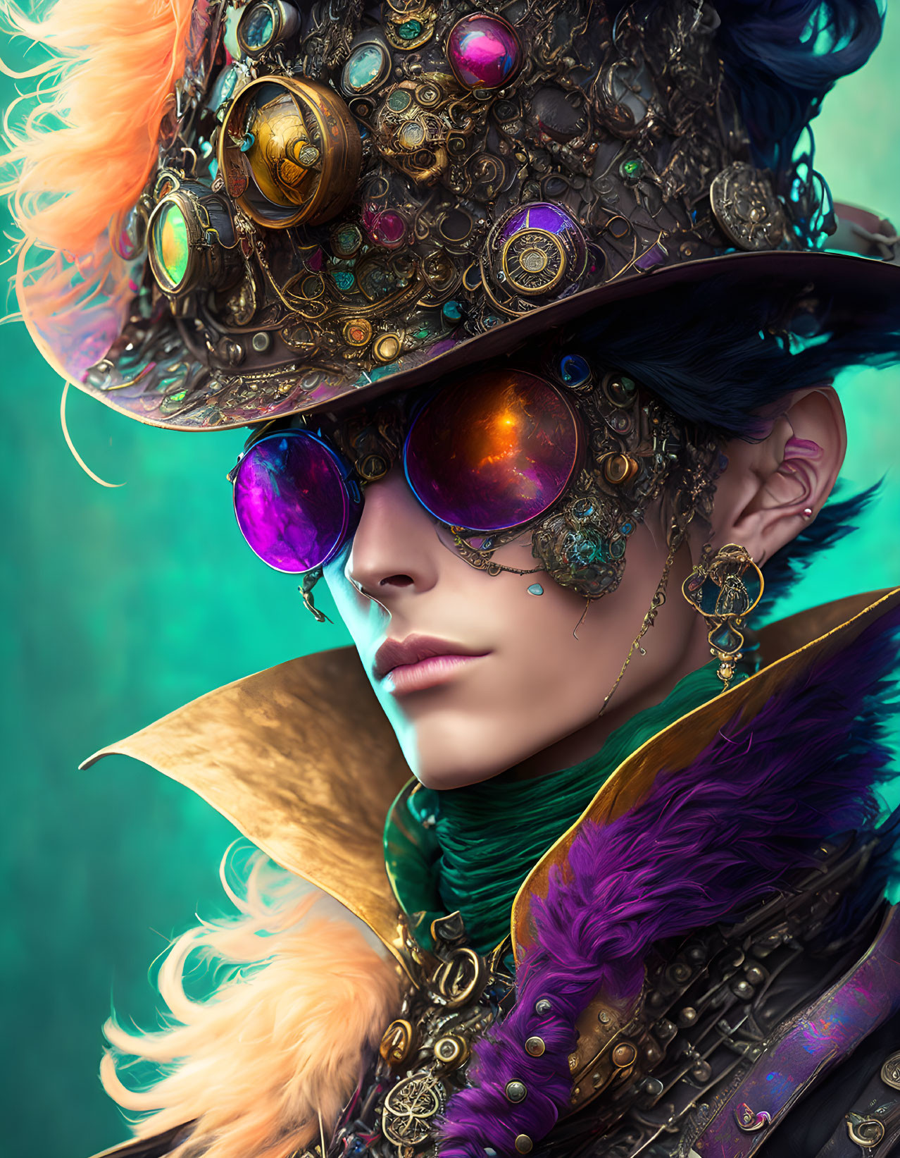 Elaborate Steampunk Attire with Gear-Adorned Hat