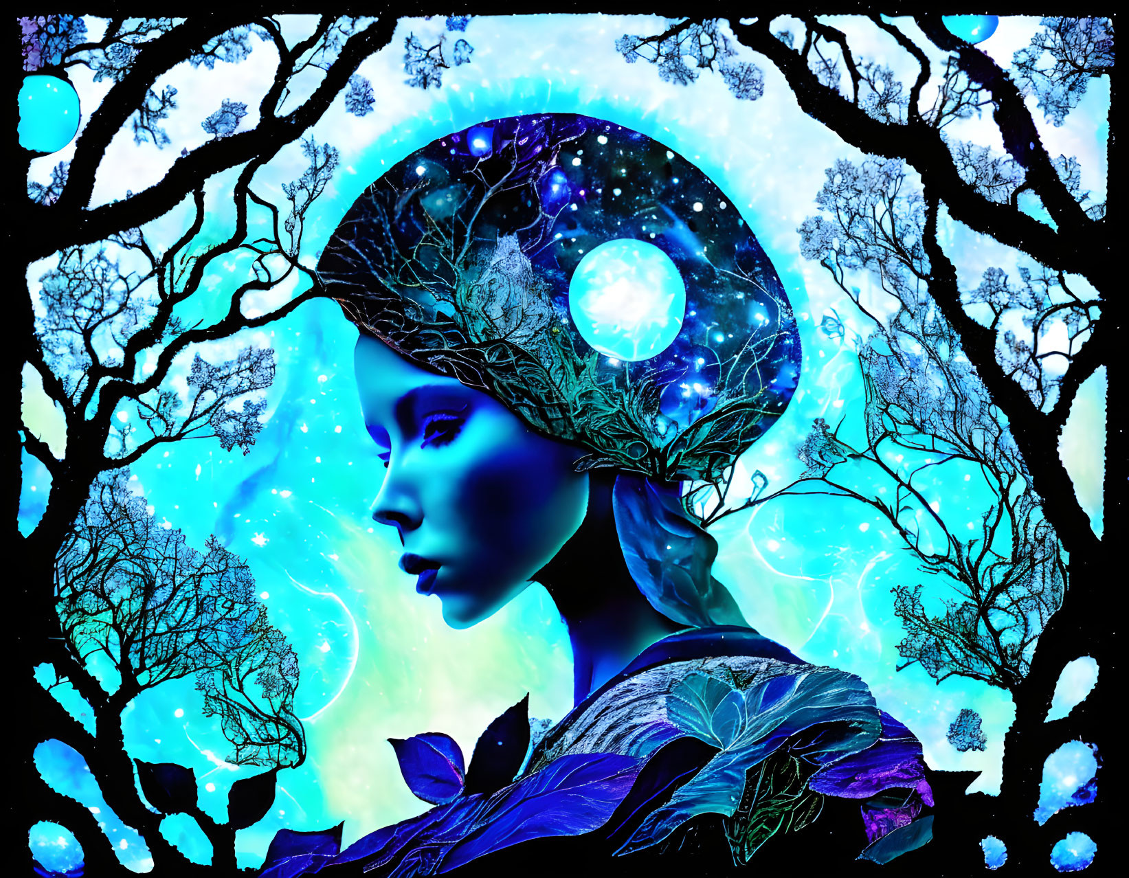 Silhouette surreal art: universe theme in head, trees, celestial bodies