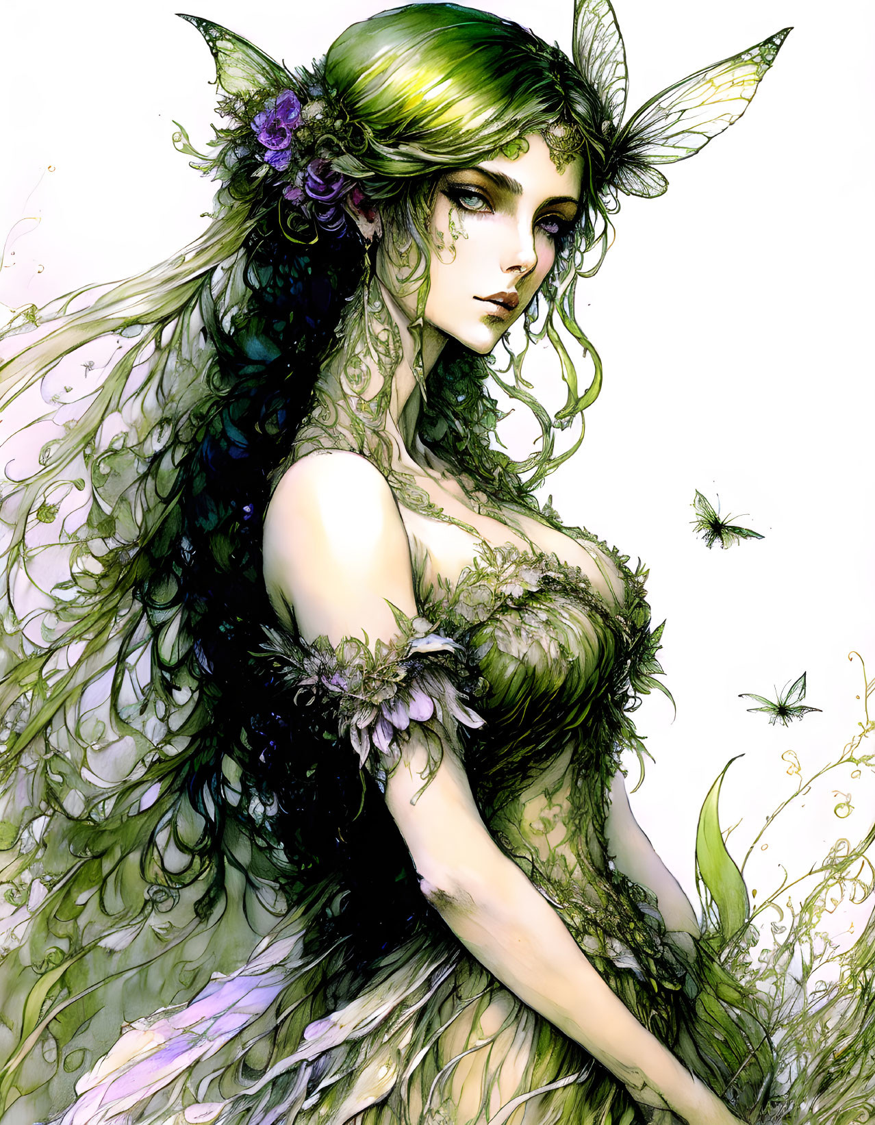 Illustrated fairy with green hair, wings, floral adornments, and delicate insects.