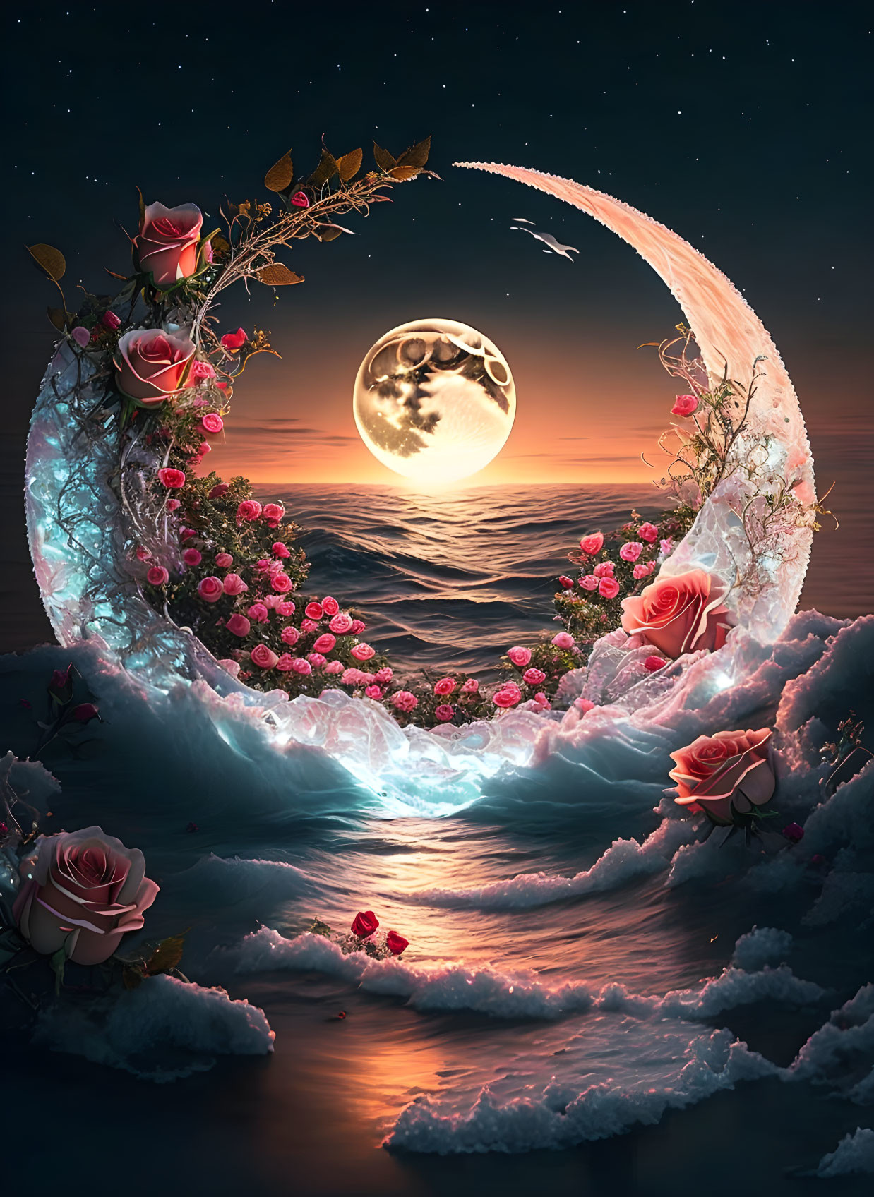 Crescent moon with roses, serene sea, full moon reflection, stars in night sky