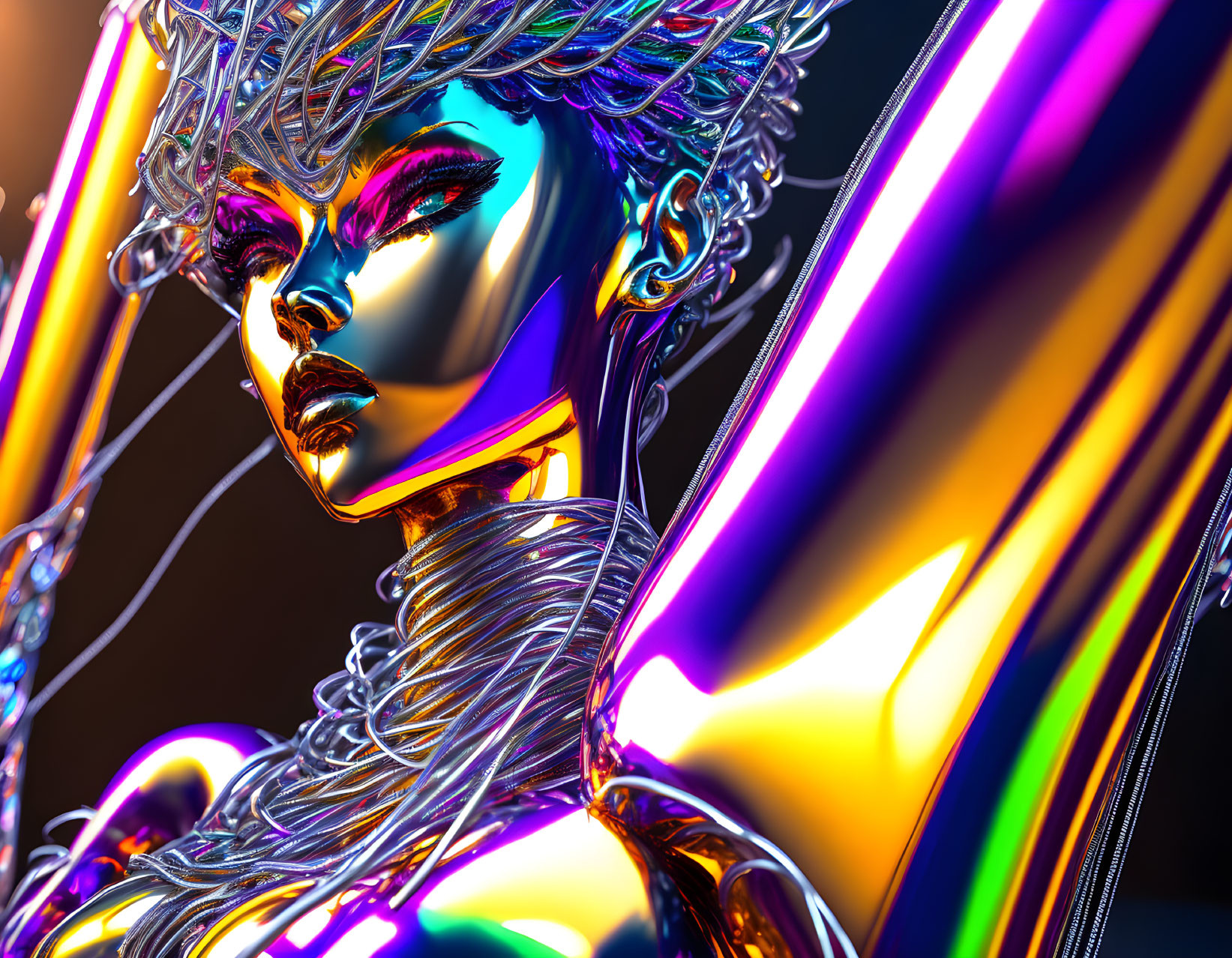 Colorful 3D illustration of futuristic metallic female figure