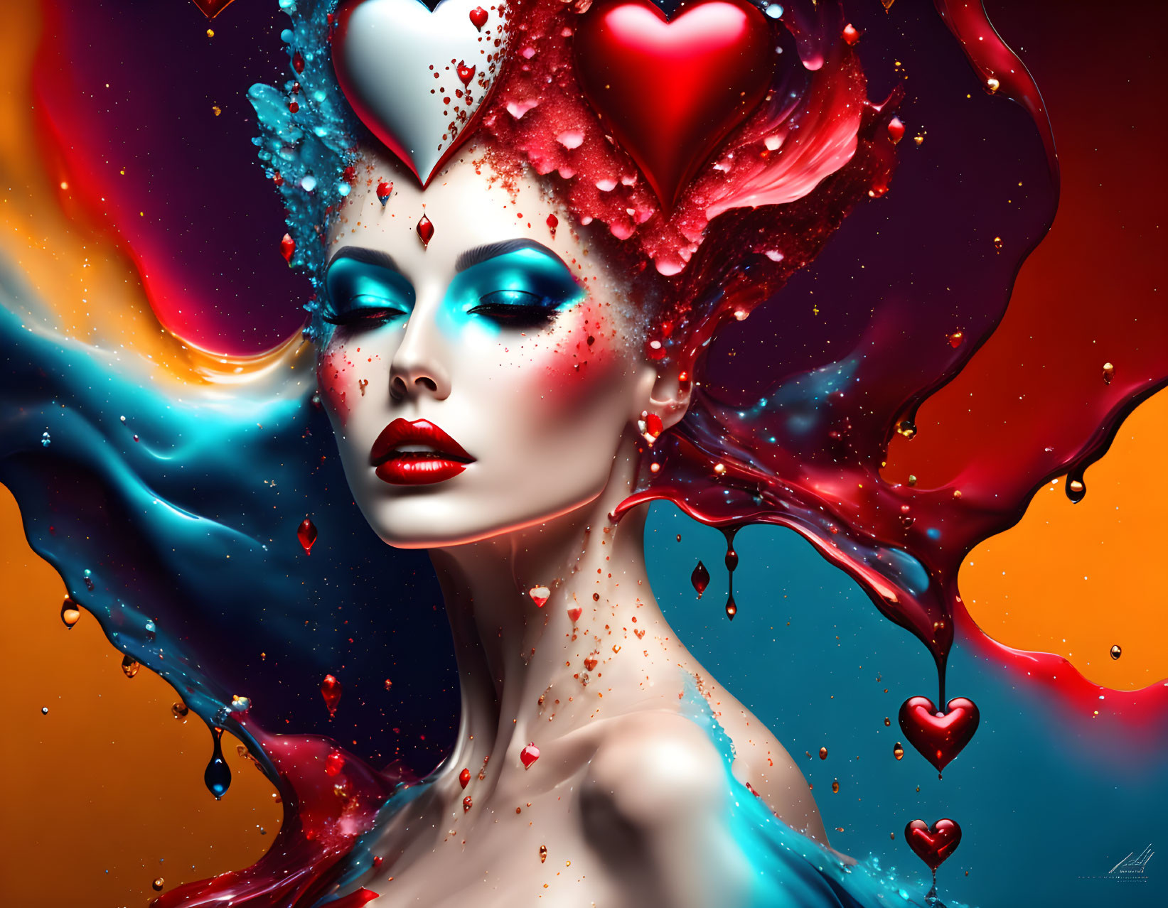 Colorful digital artwork: Woman surrounded by liquid splashes and floating hearts