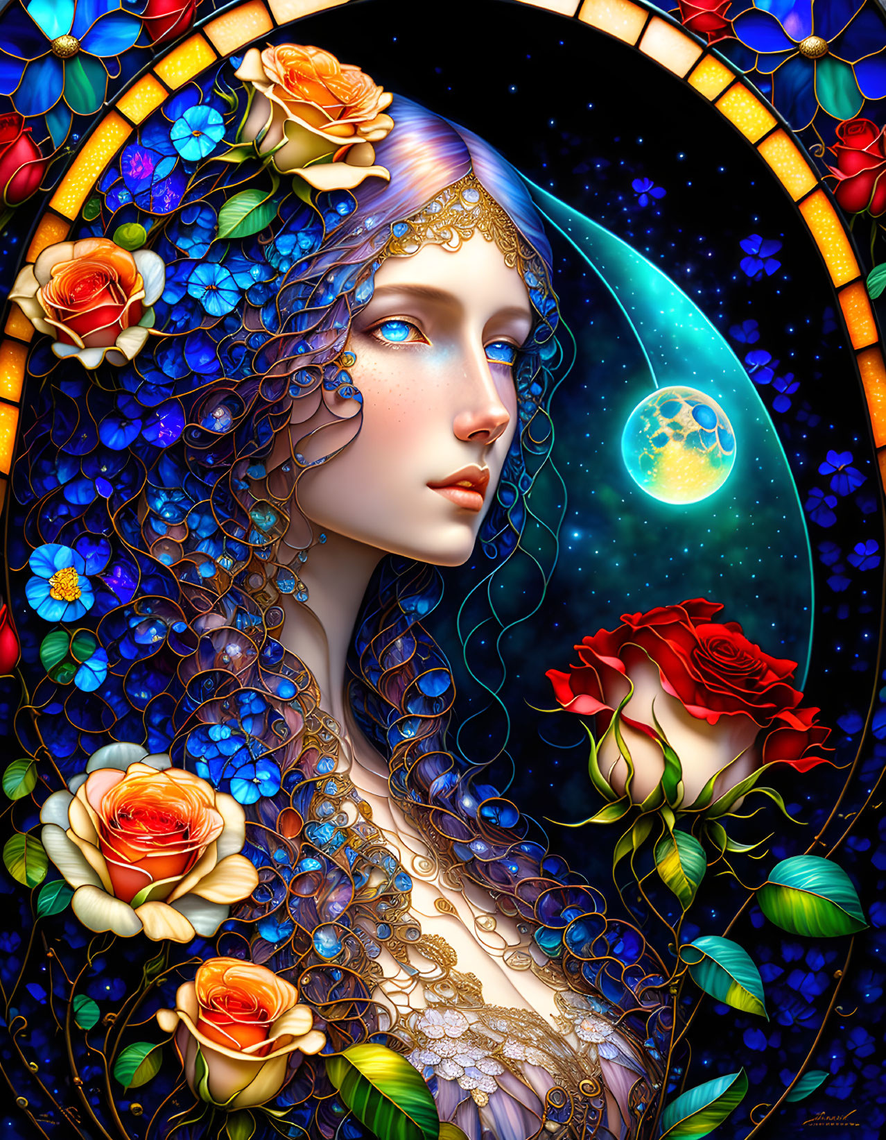 Blue-skinned woman in floral frame with moon and rose