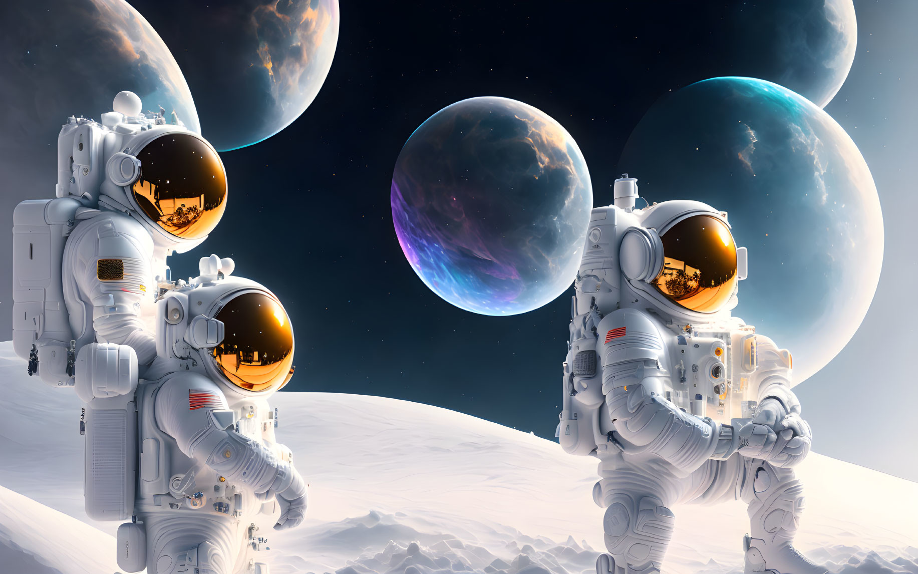 Astronauts on moon-like surface with multiple celestial bodies in background