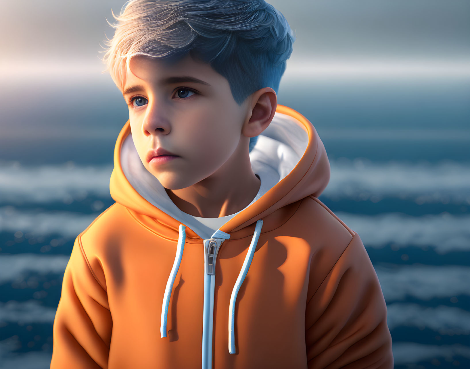 Blue-eyed boy in orange hoodie gazes at seaside sunrise/sunset.